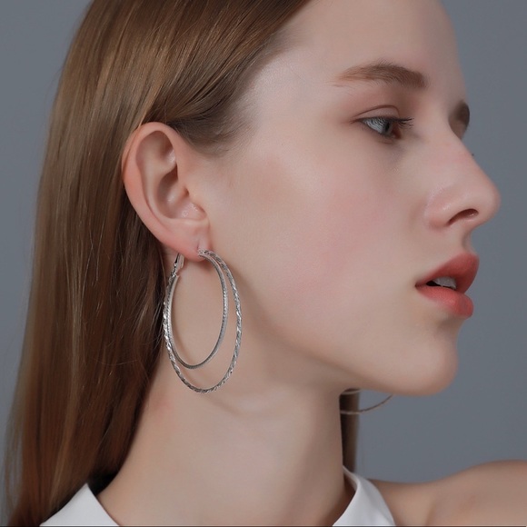 GlitzBlitz Boutique Jewelry - Silver Multi-Textured Hoop Stud Earrings